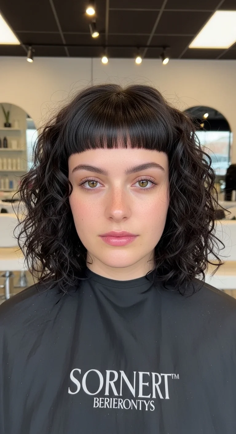 Shoulder-Length Curly Hair With Blunt Bangs