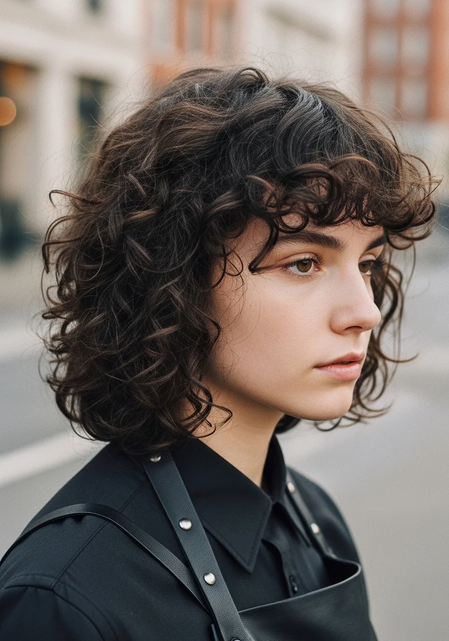 Curly Wolf Cut with Curtain Bangs