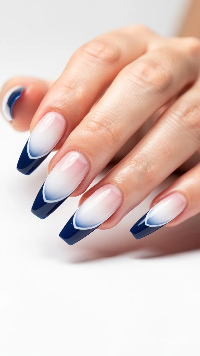 Blue French Tip Coffin Nails.