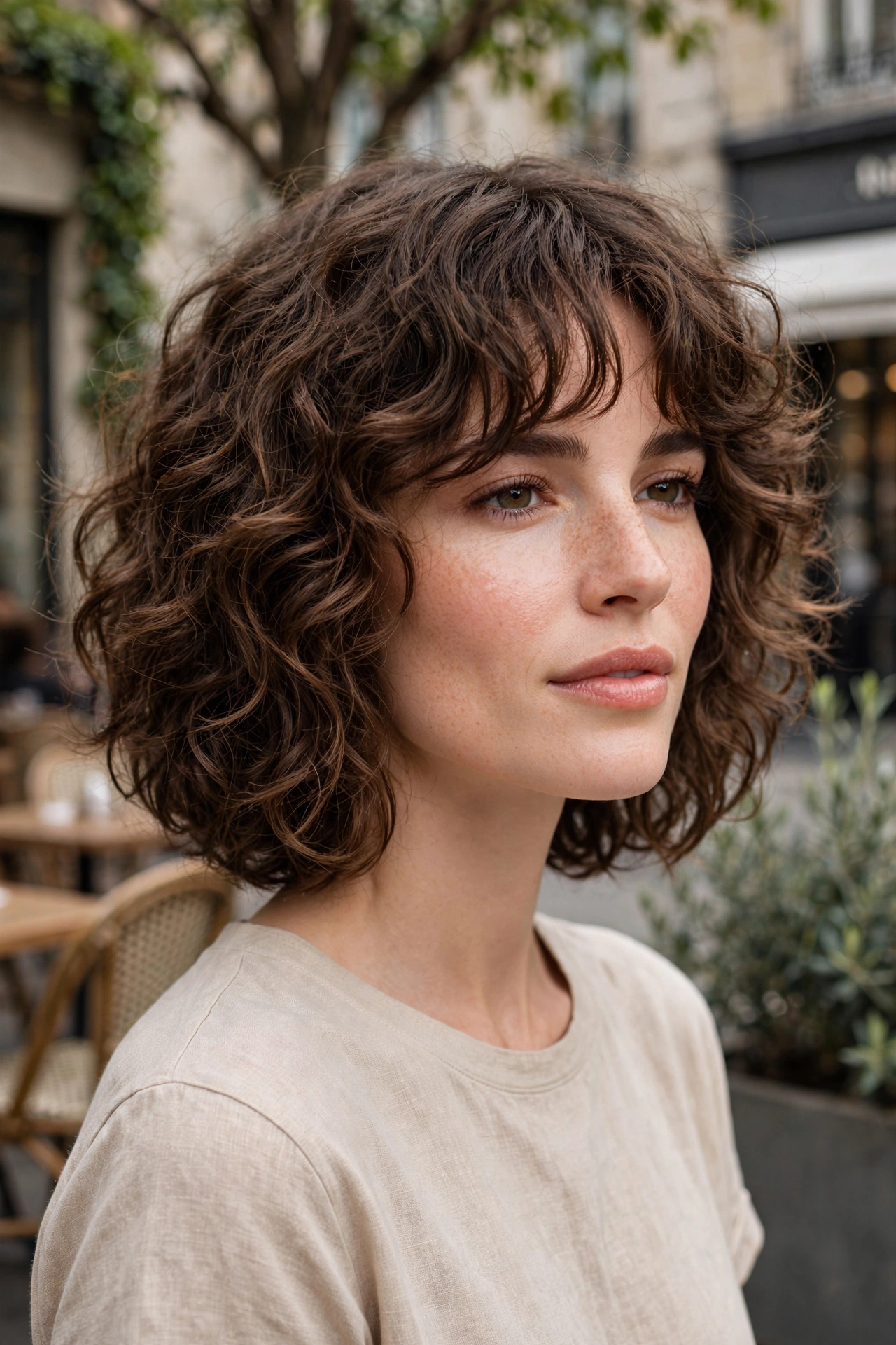 8. Curly Shag Bob With Curtain Fringe.