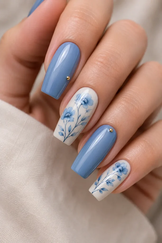 Blue Floral Accent Nails
