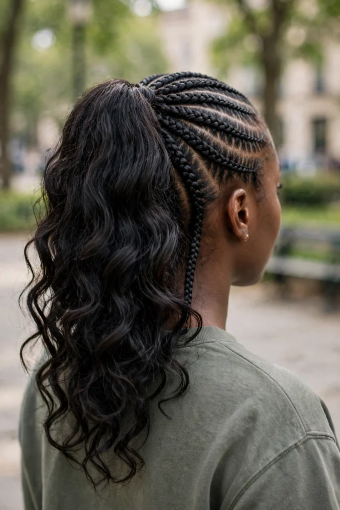 Braided Ponytail With Front Cornrows and Loose Back.