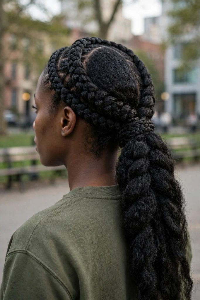 Braided Ponytail With Hidden Halo Braid.