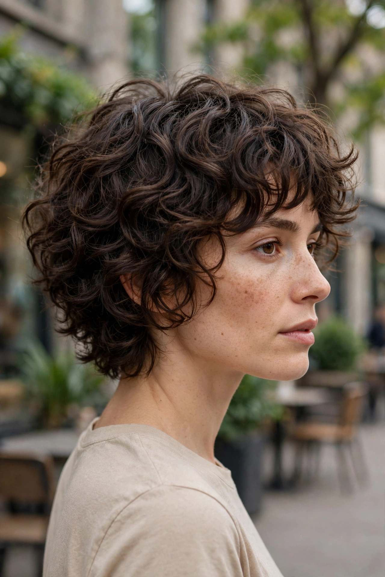 Curly Cropped Shag With Bangs.