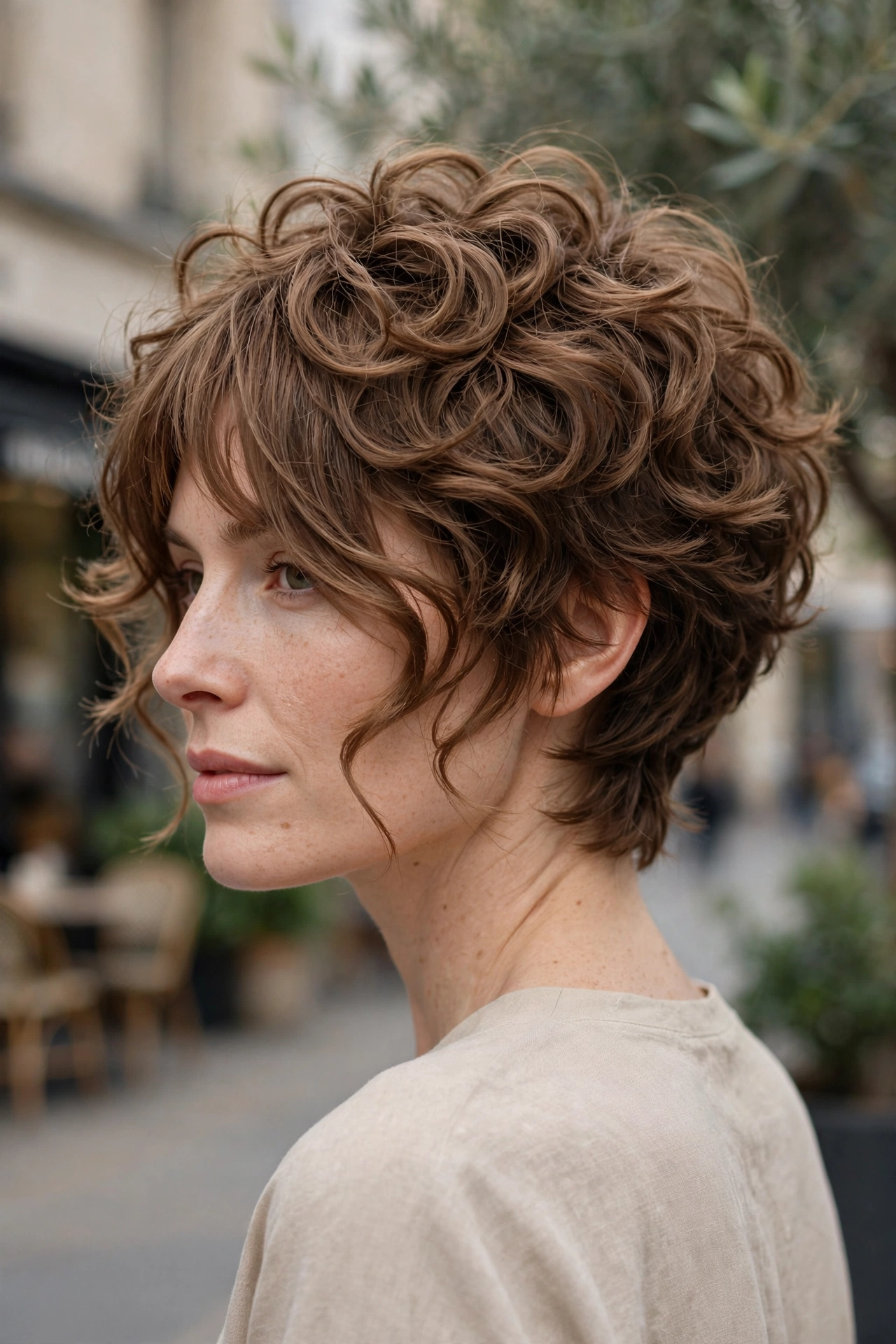 Curly Pixie With Long Bangs.