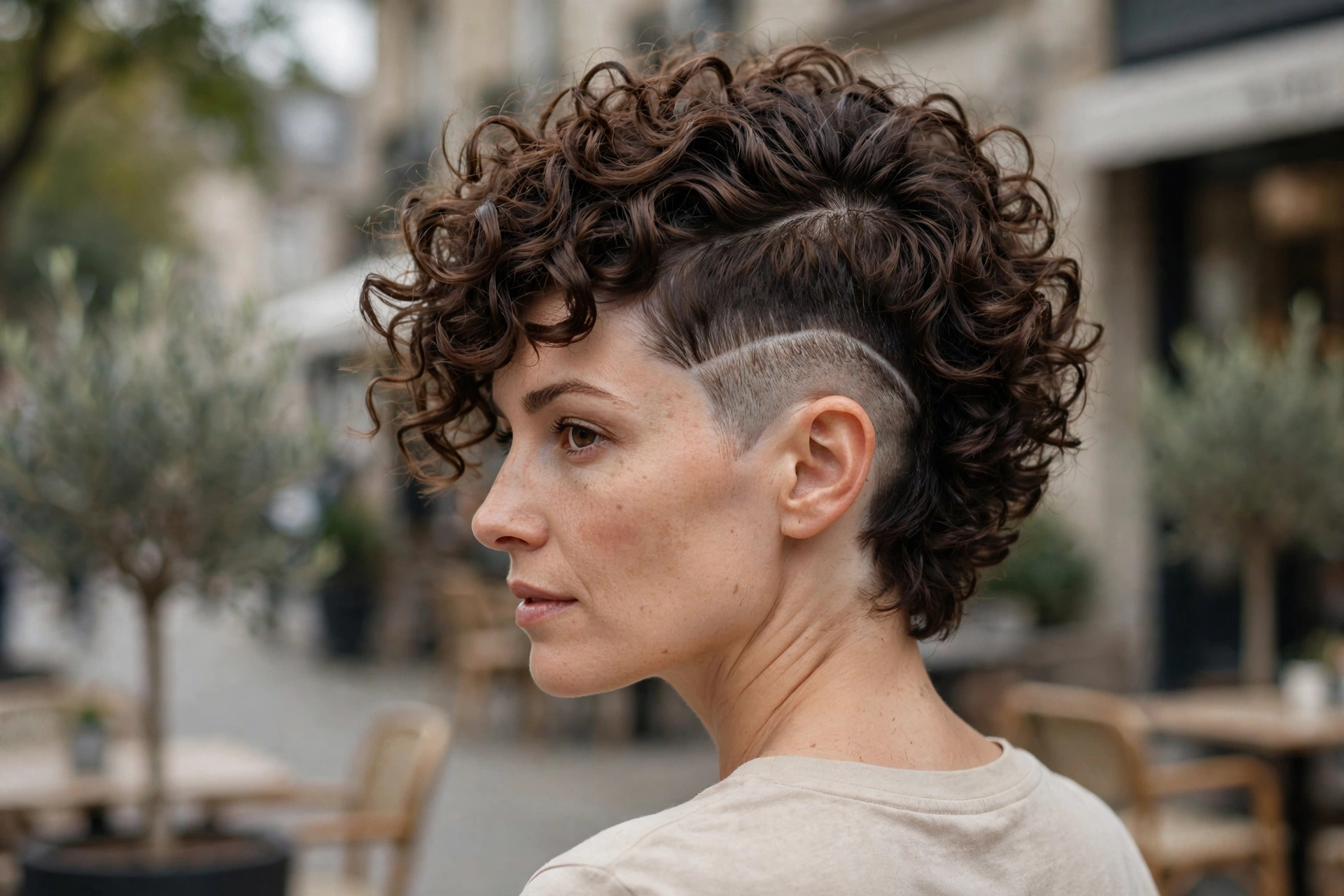 Curly Shaved-Side Pixie.