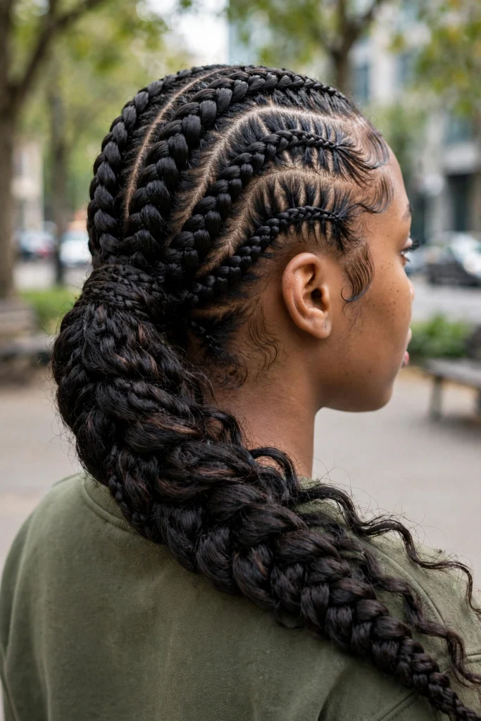 Feed-In Braid Ponytail With Sleek Baby Hairs.