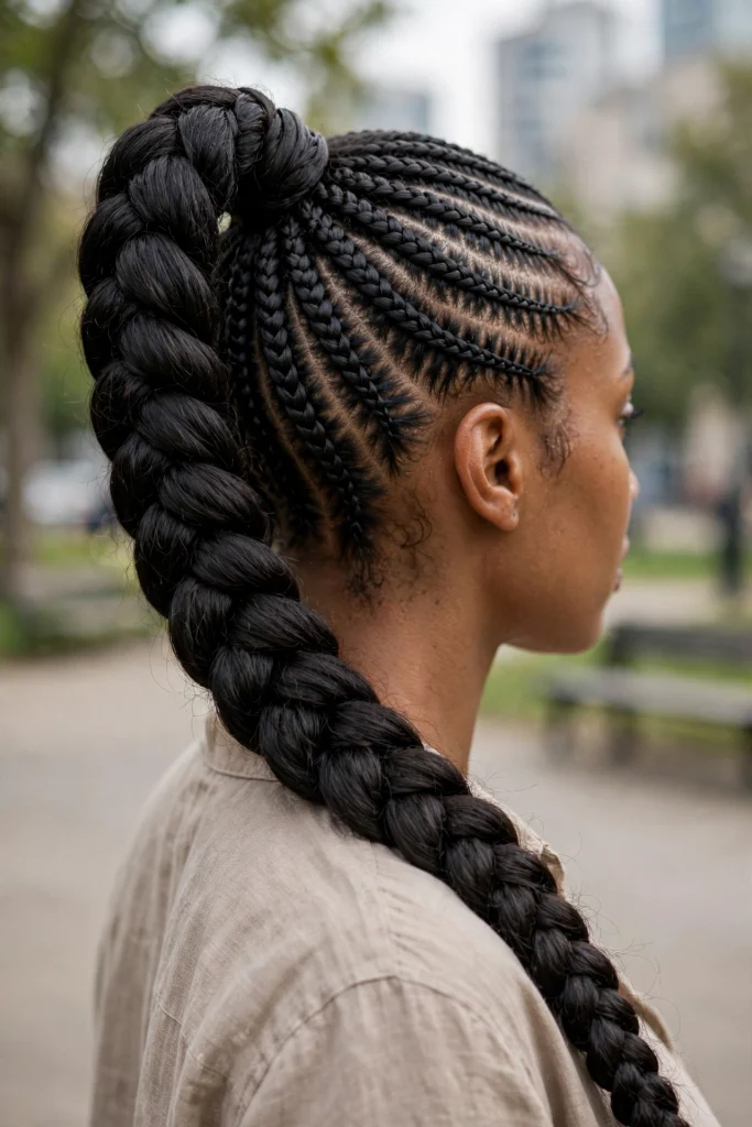 Sleek Cornrow Braided High Ponytail.