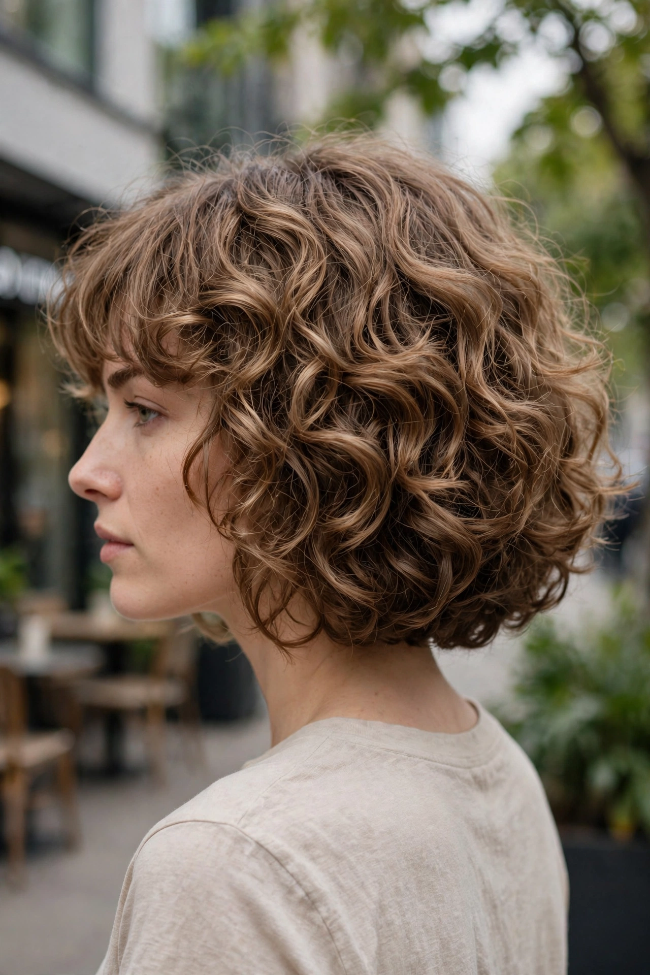 Soft Curly Bob With Bangs.