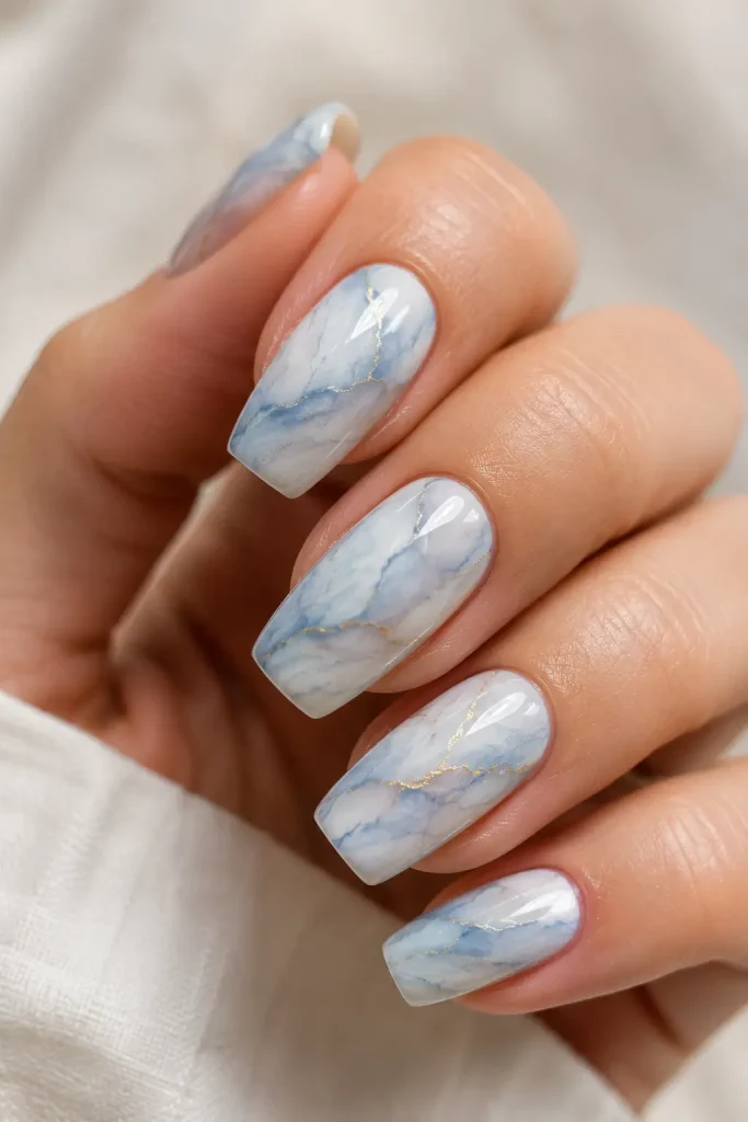 Soft Marble Blue White Nails